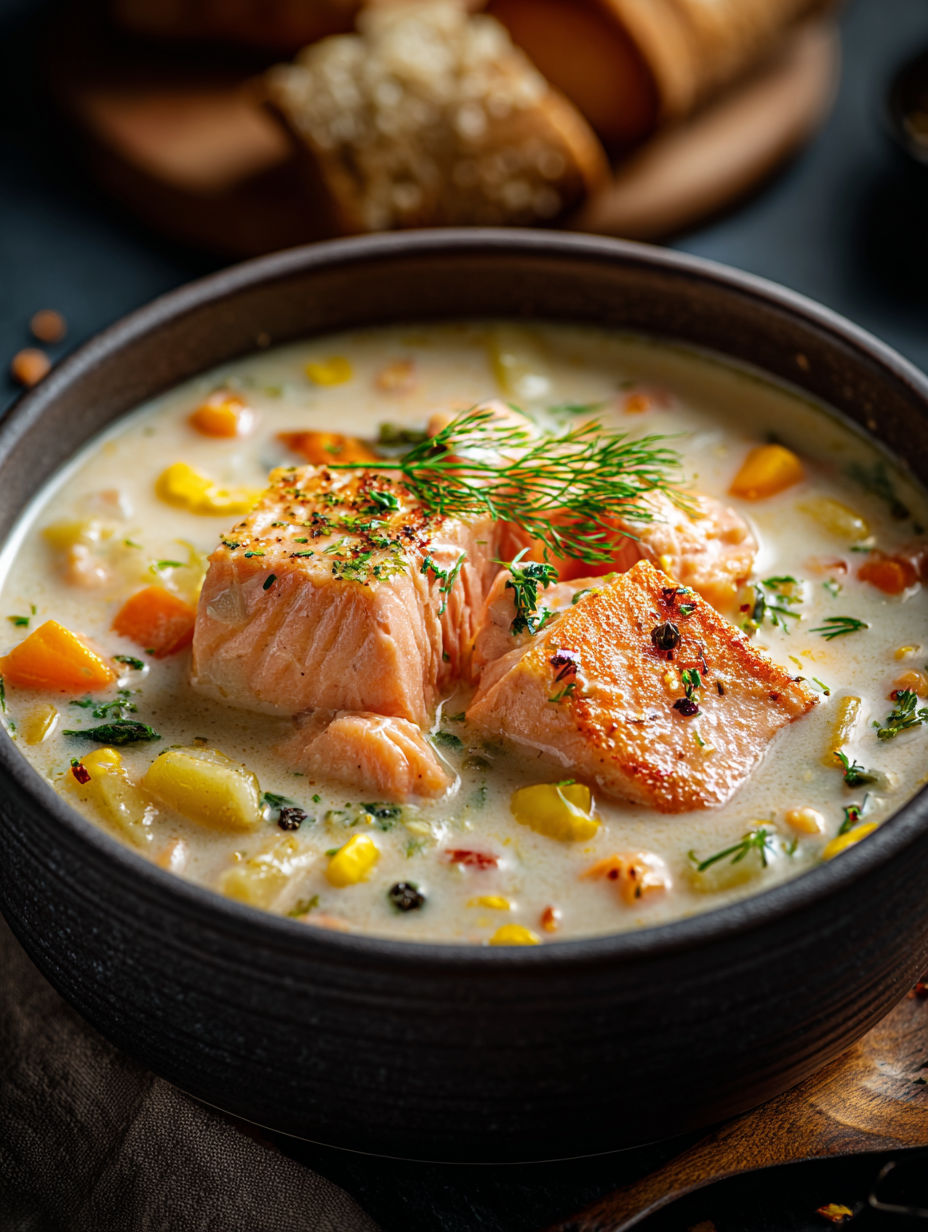 A bowl of salmon chowder with a slice of bread.