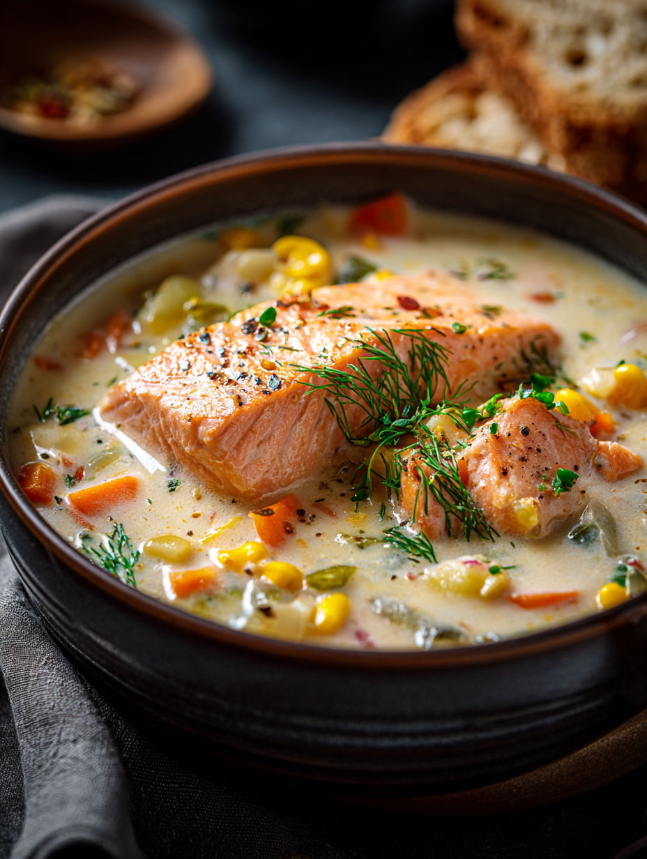 A bowl of salmon chowder with vegetables.