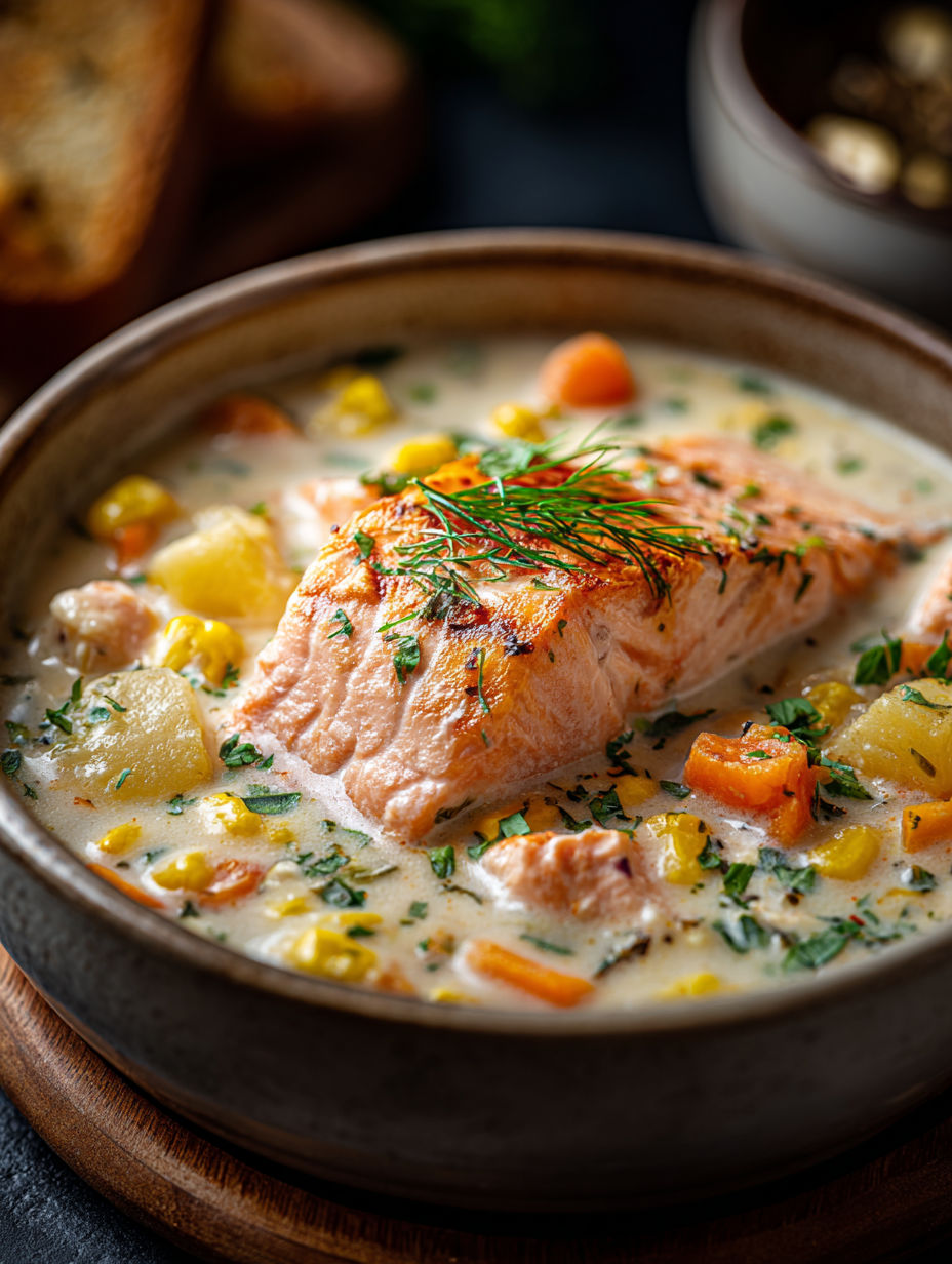 A bowl of salmon chowder with a piece of salmon on top.