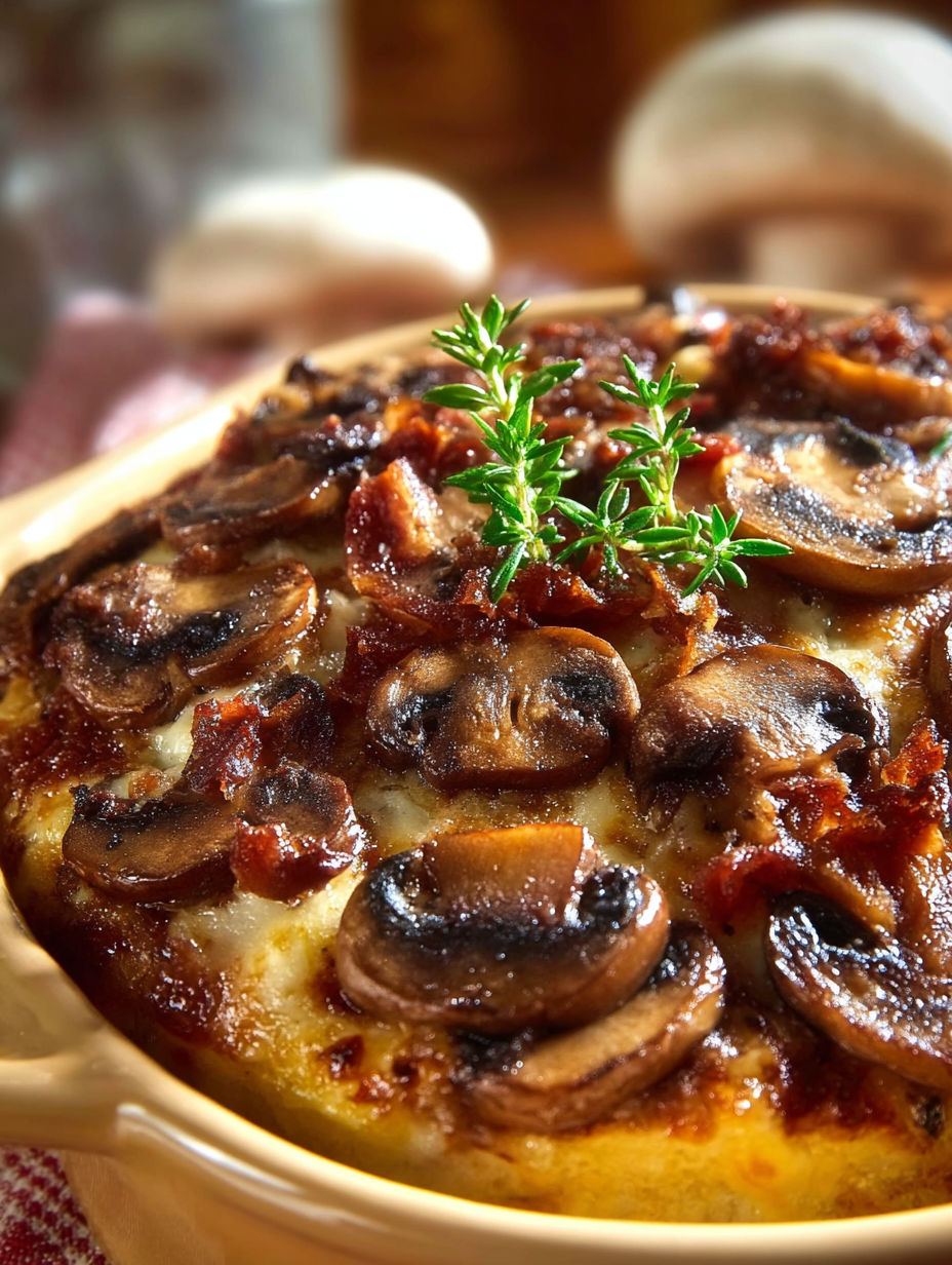A close up of a hamburger mushroom bake.