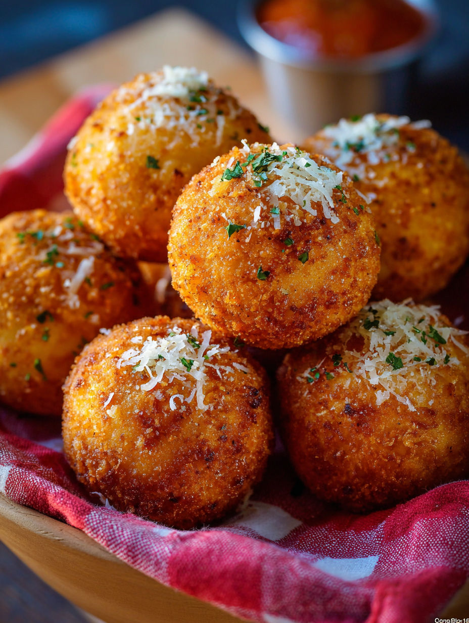 A plate of rice balls with cheese on top.