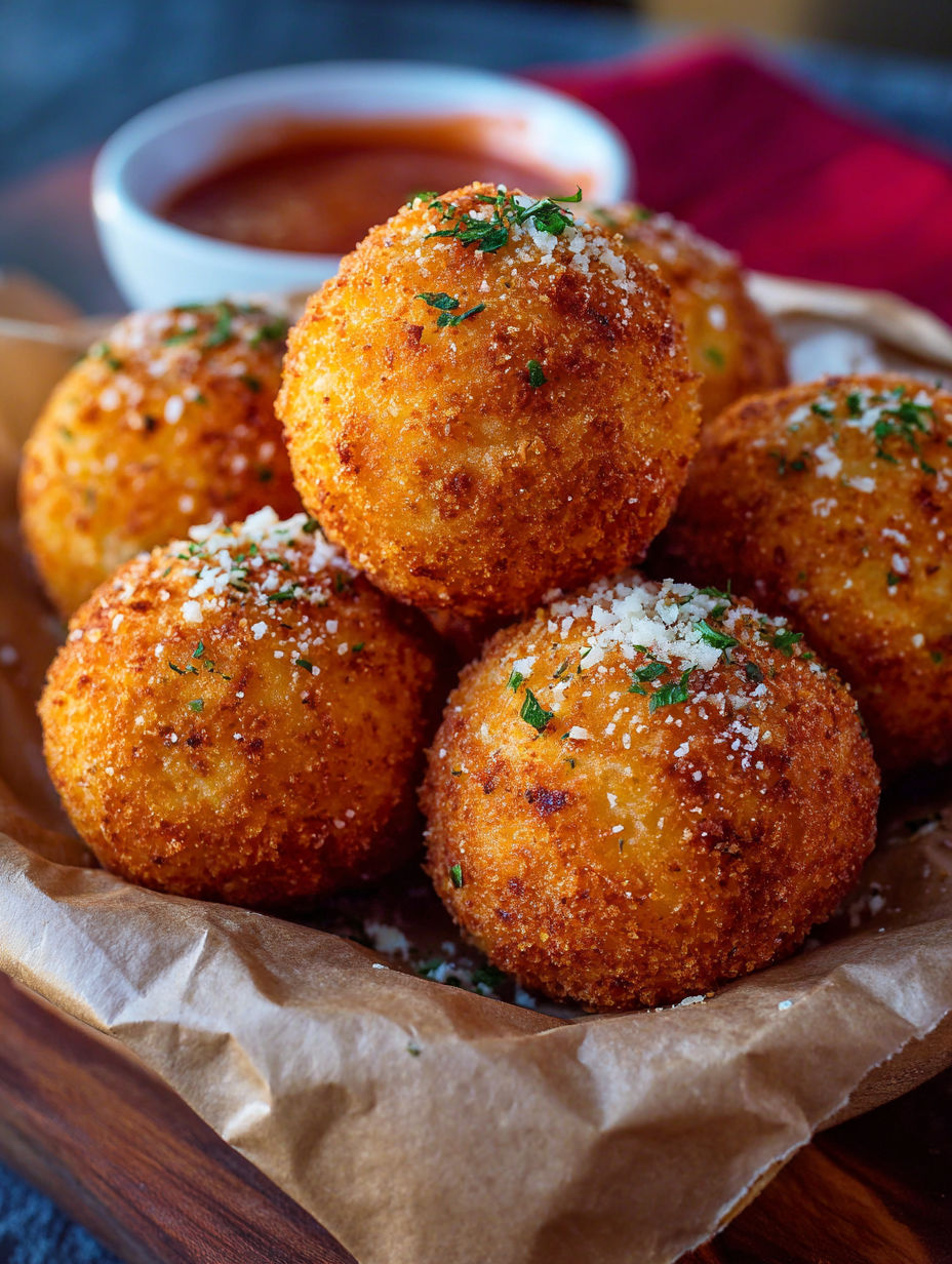 A plate of rice balls with cheese and tomato sauce.