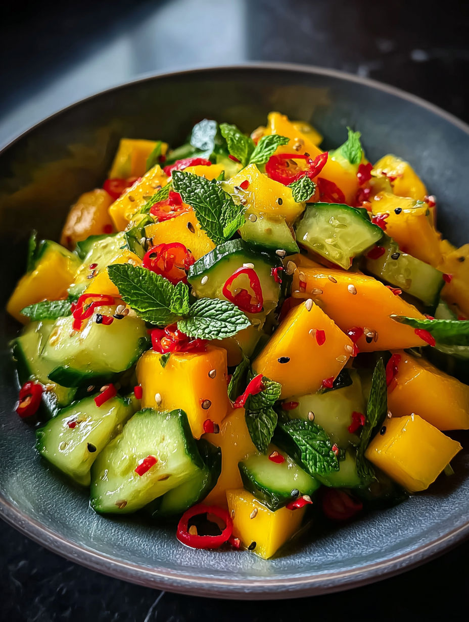 A bowl of Thai Mango Cucumber Salad.