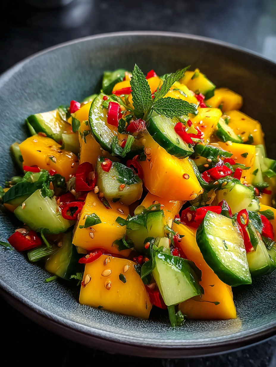 A bowl of Thai Mango Cucumber Salad.