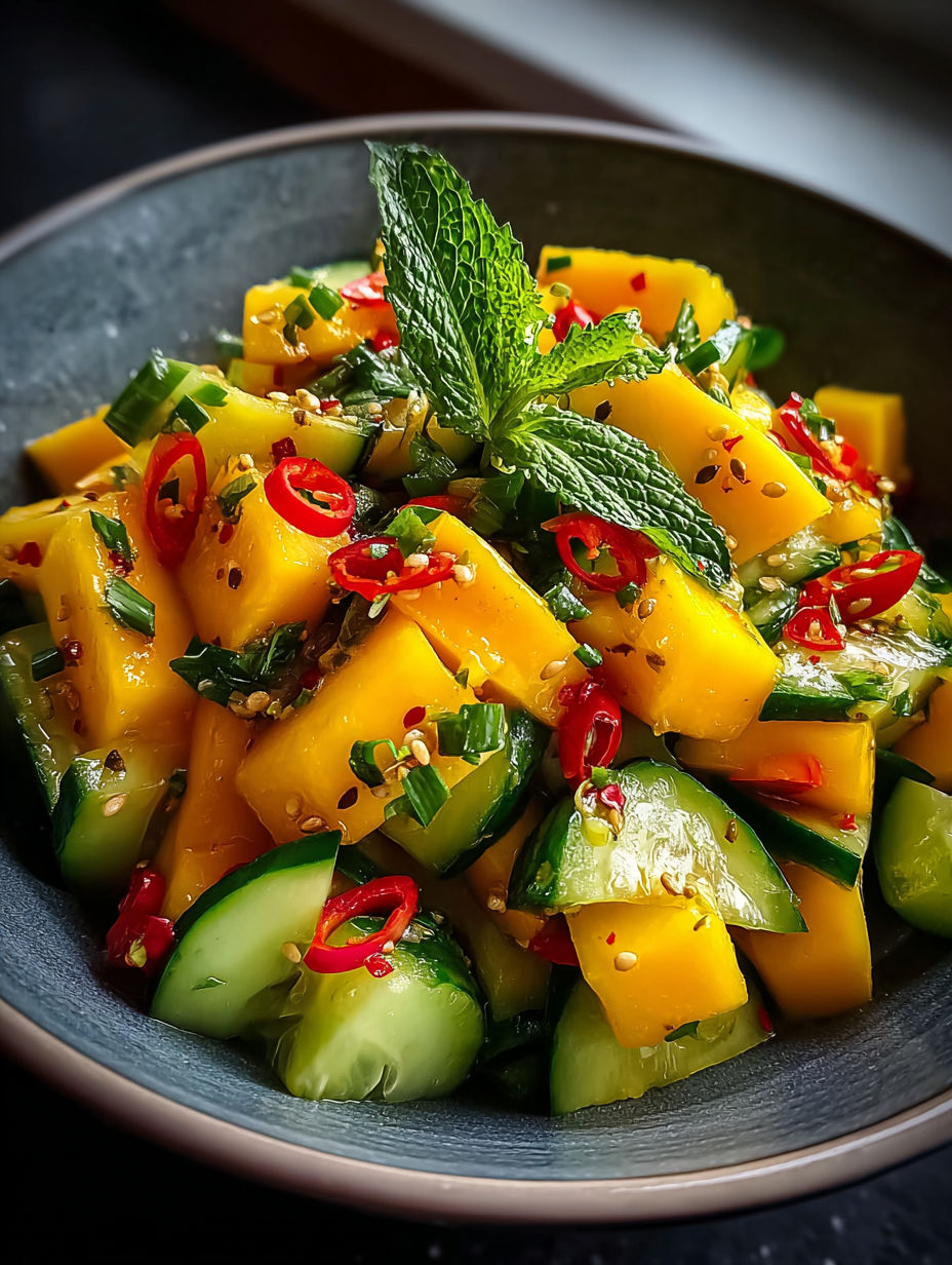 A bowl of Thai Mango Cucumber Salad.