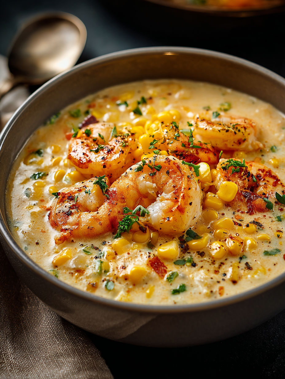 A bowl of shrimp and corn chowder.