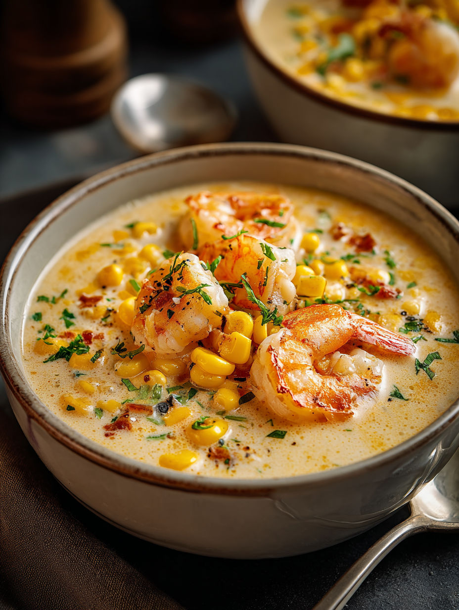 A bowl of shrimp and corn chowder.