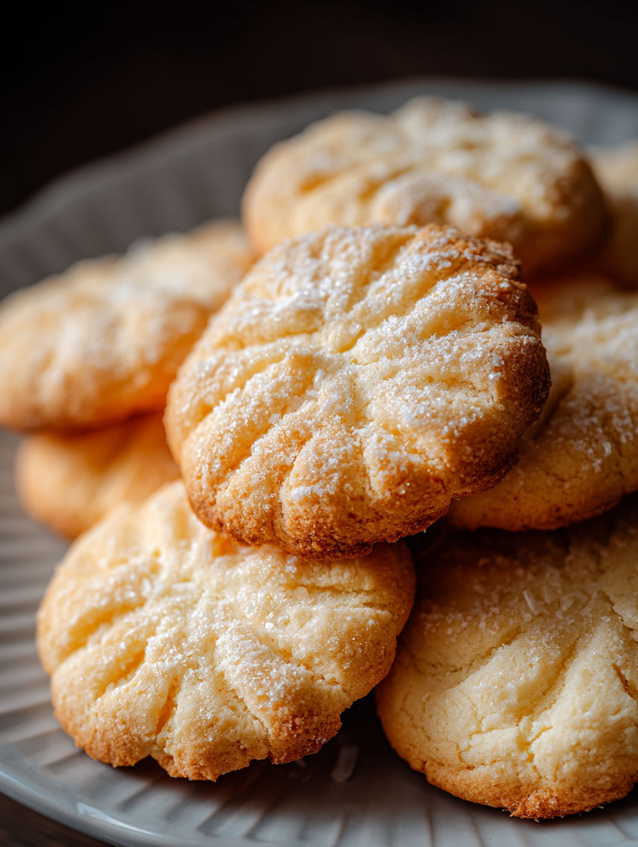 A plate of cookies with powdered sugar on top.