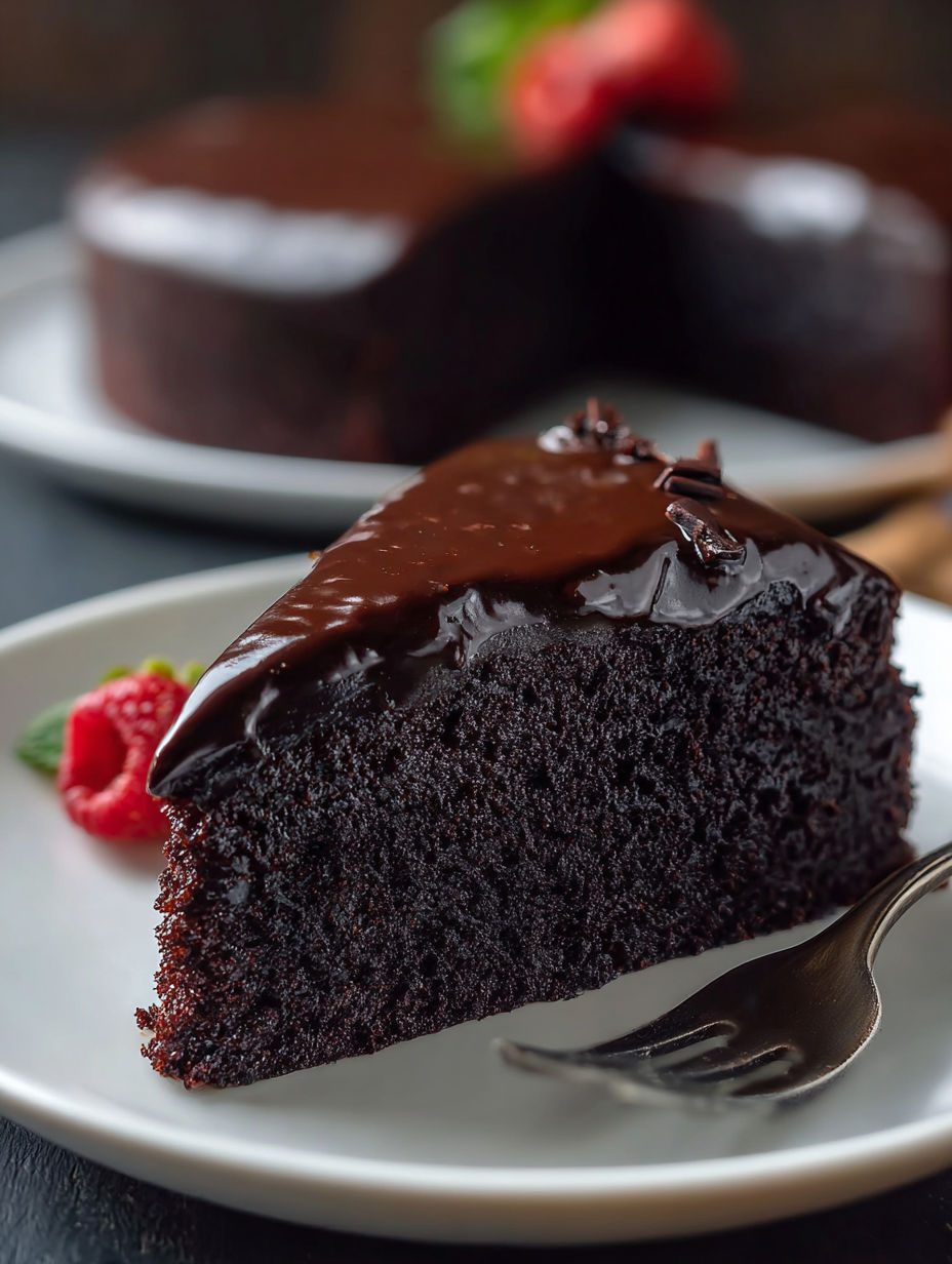 A slice of chocolate cake on a plate.