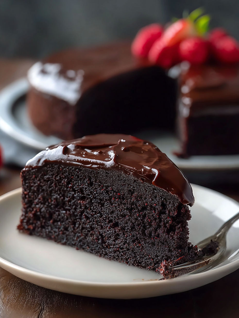 A slice of chocolate cake on a plate.