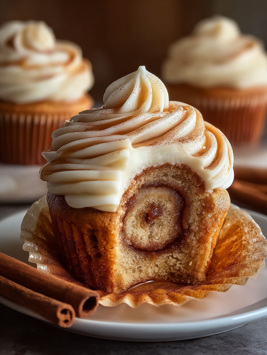 A cupcake with a cinnamon roll in it.