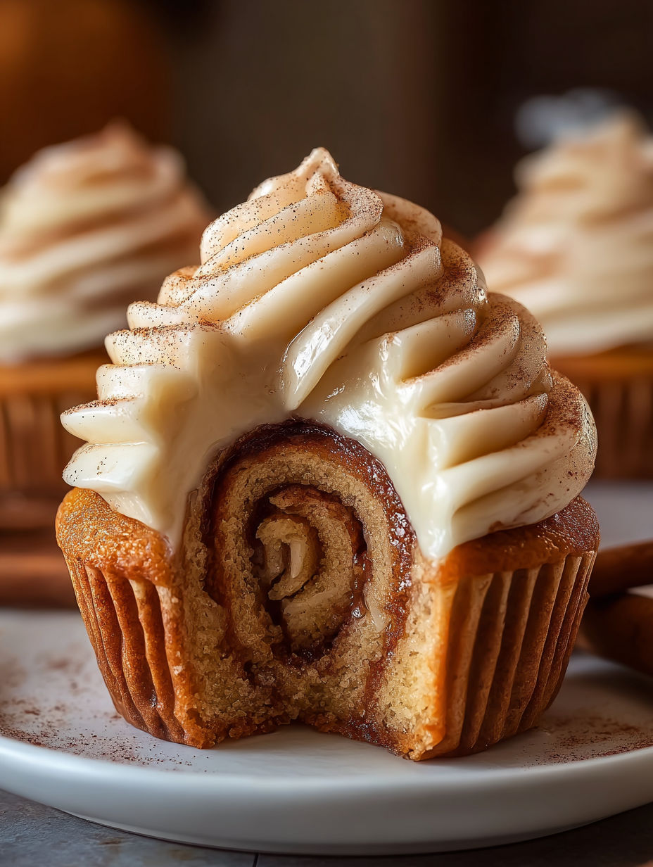 A cinnamon roll cupcake with white frosting.