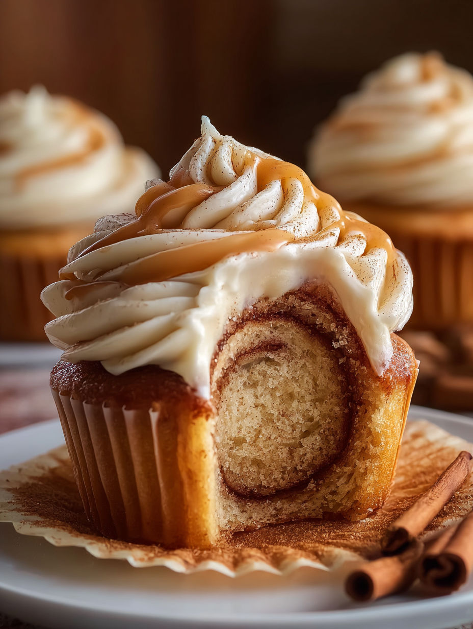 A cinnamon roll cupcake with a swirl of frosting.