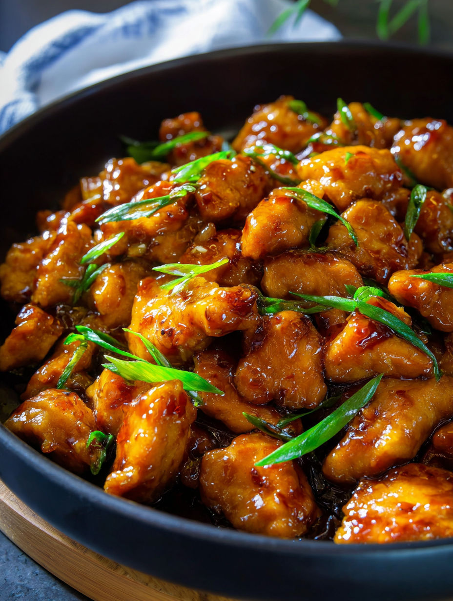 A bowl of Mongolian chicken with green onions.