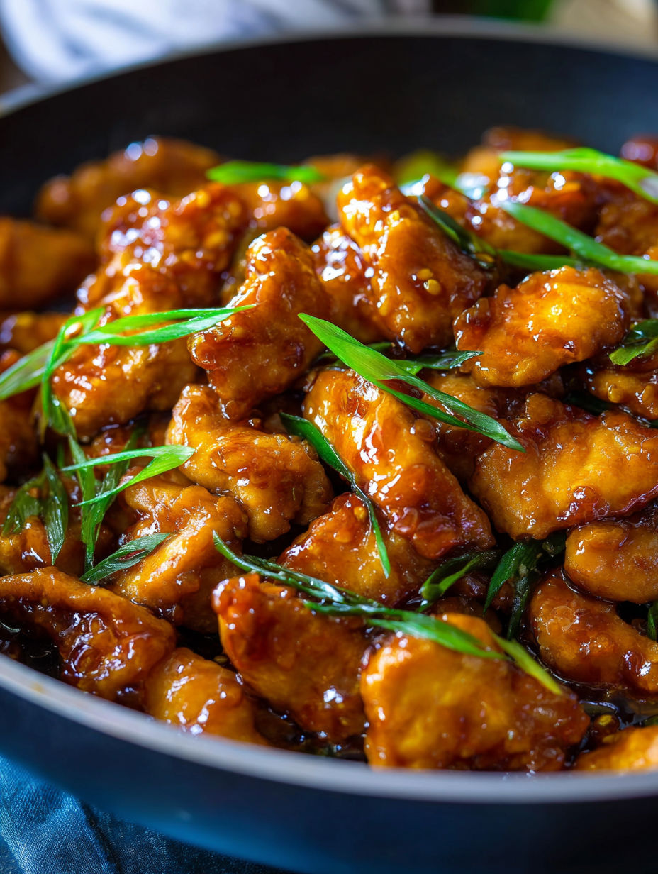 A plate of Mongolian chicken with green onions.