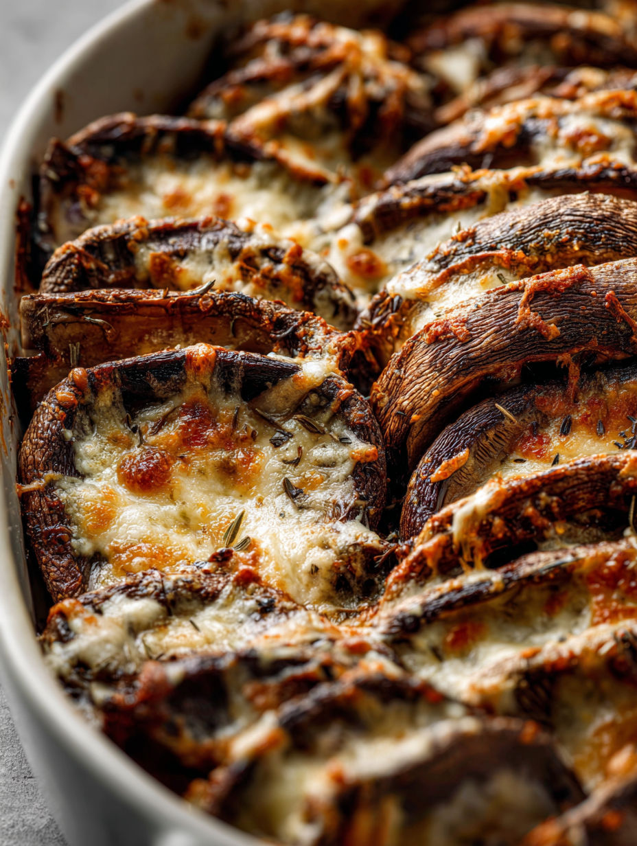 A dish of scalloped portobello mushrooms.