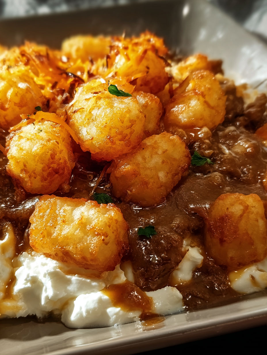 A close up of a delicious cheesy tater tot poutine.