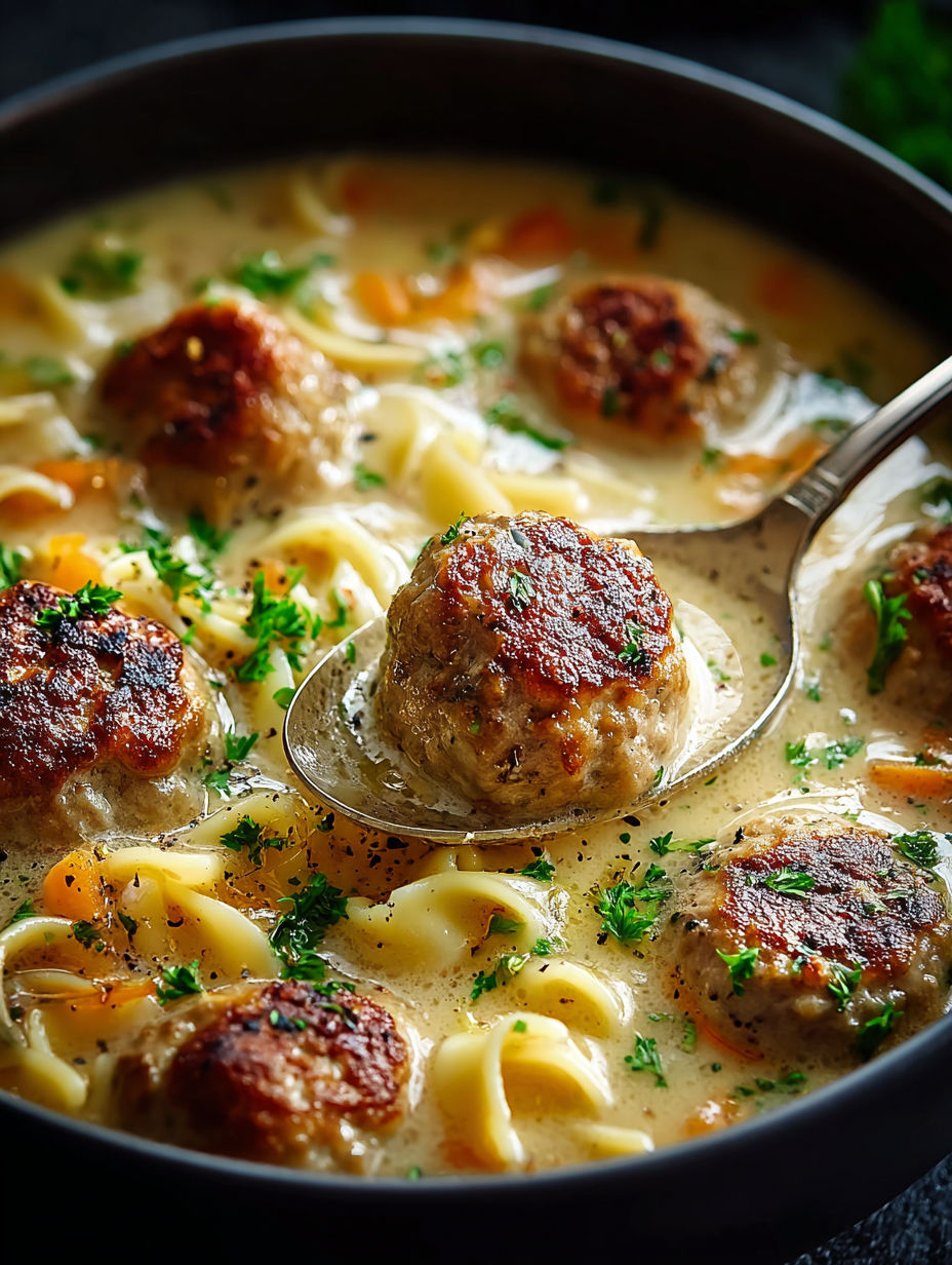 A bowl of meatball soup with a spoon in it.