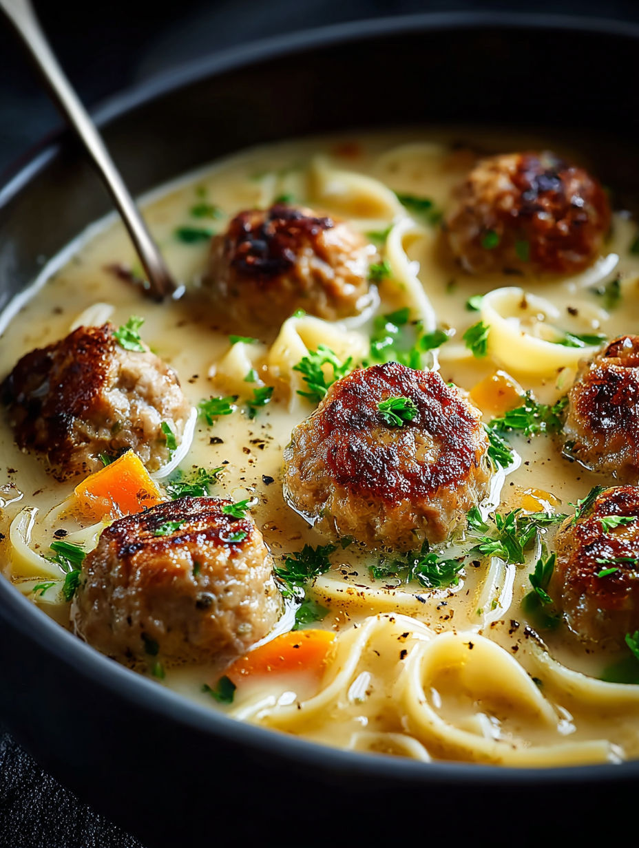 A bowl of meatballs in a soup.