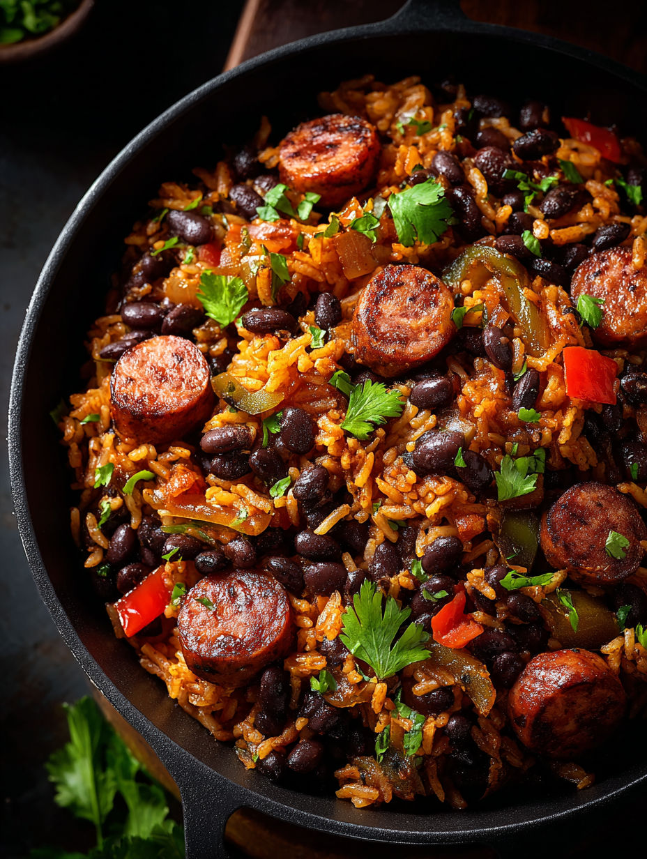 A bowl of hearty black beans and rice.