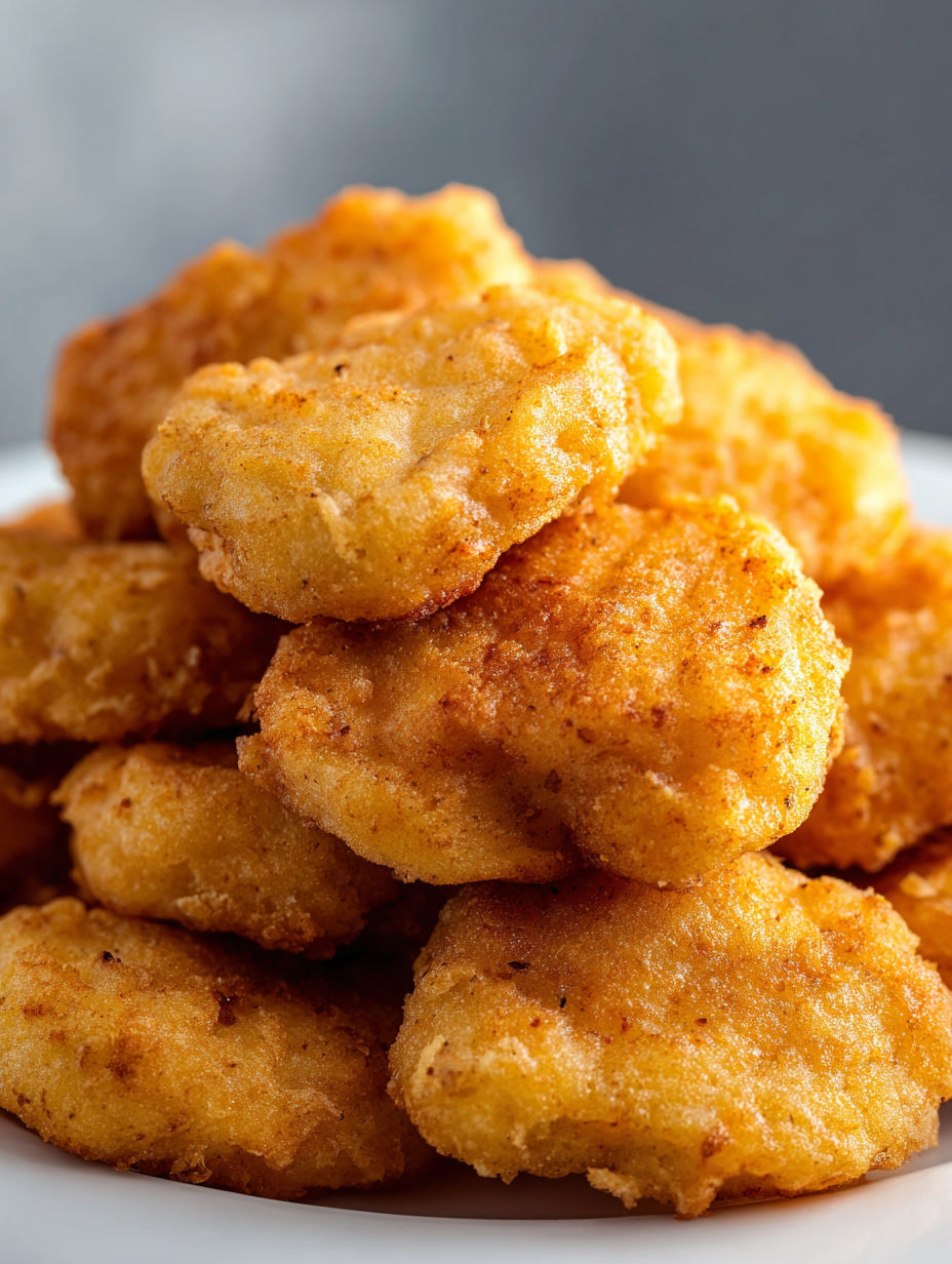 A stack of golden brown chicken nuggets.