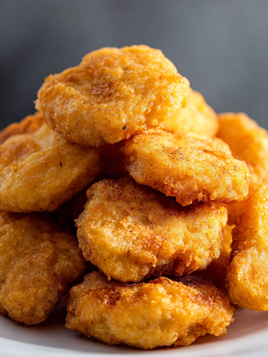 A stack of golden brown chicken nuggets.