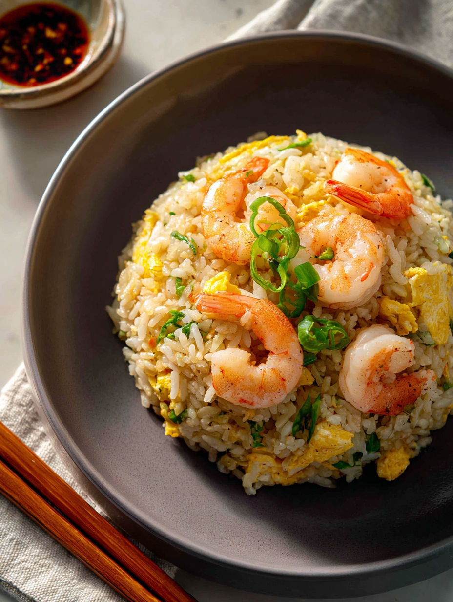 A plate of shrimp fried rice.