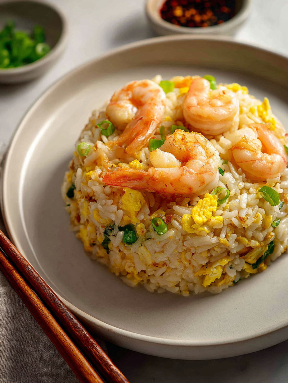 A plate of shrimp fried rice.