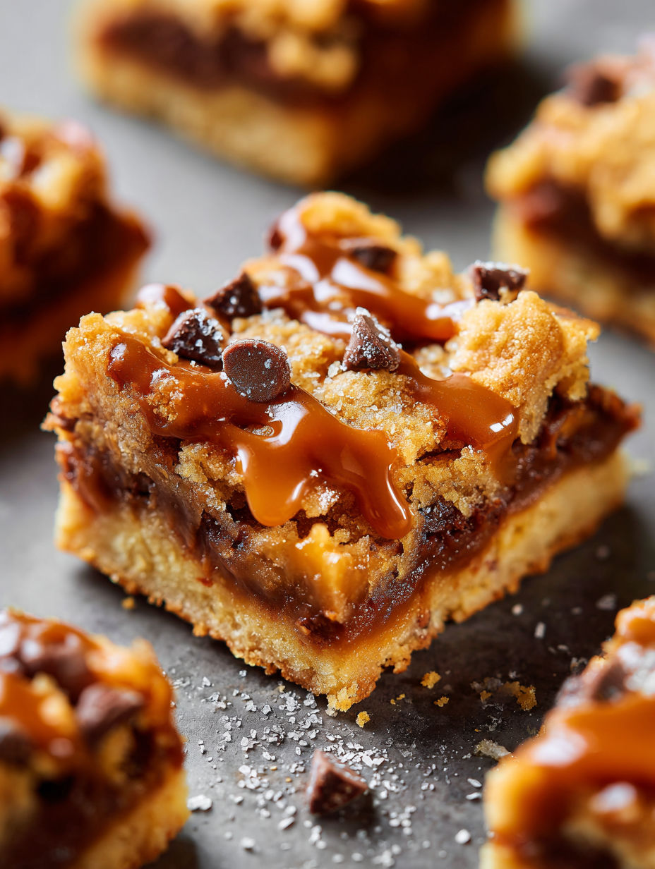 A close up of a chocolate chip cookie with caramel drizzle.