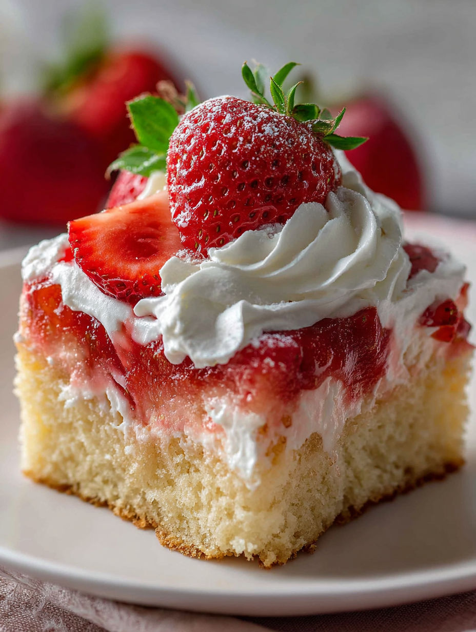 A slice of strawberry shortcake poke cake.