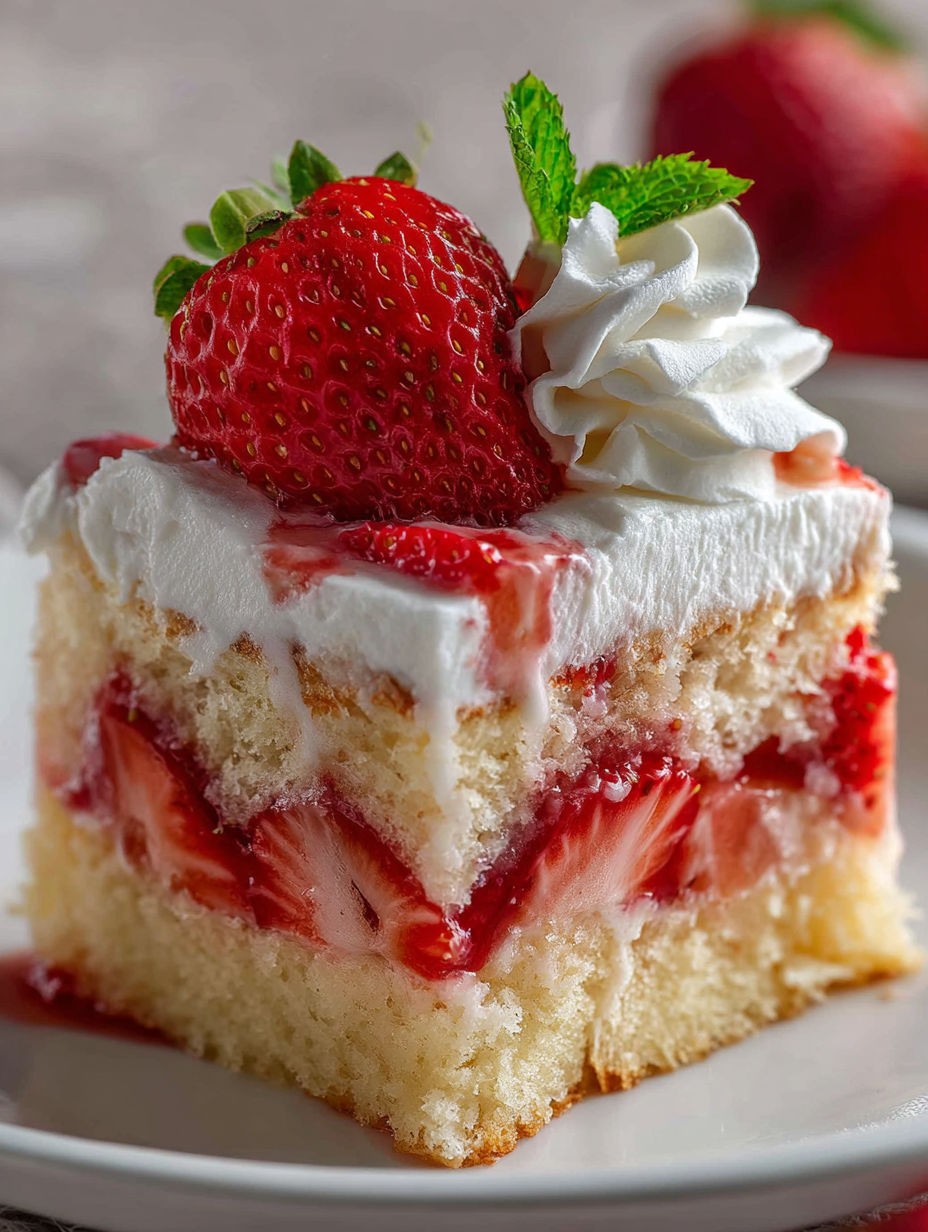 A slice of strawberry shortcake poke cake.