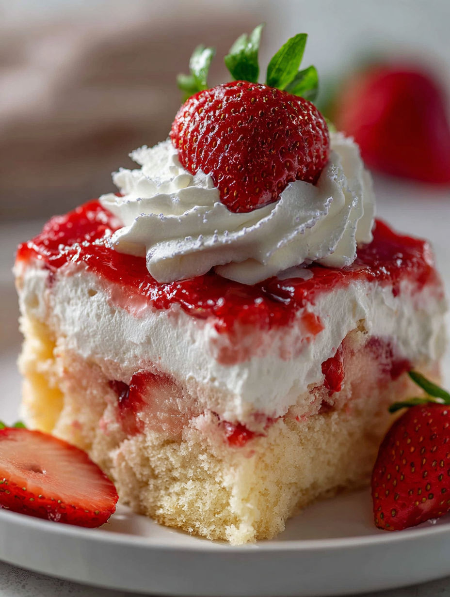 A slice of strawberry shortcake poke cake with whipped cream.