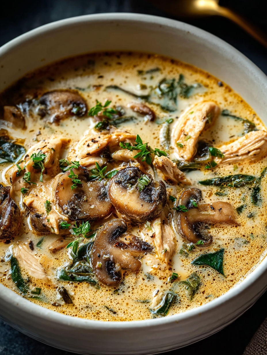 A bowl of soup with mushrooms and chicken.