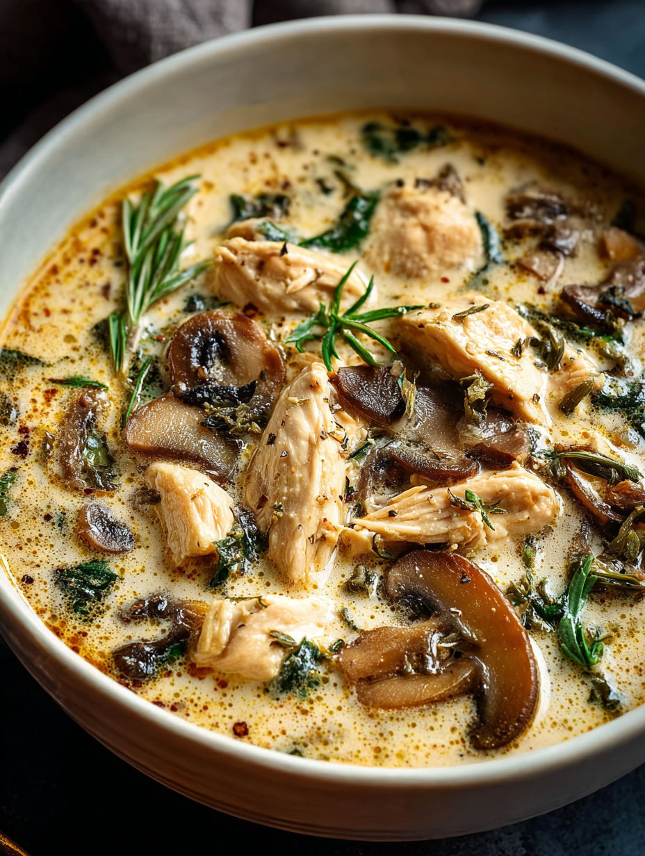 A bowl of soup with chicken and mushrooms.