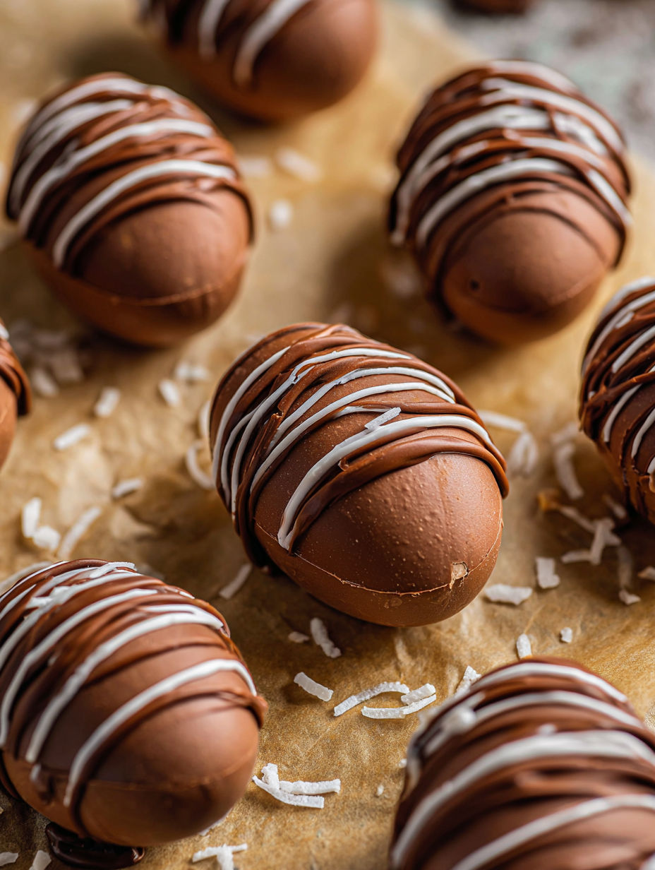 A close up of a chocolate covered marshmallow.