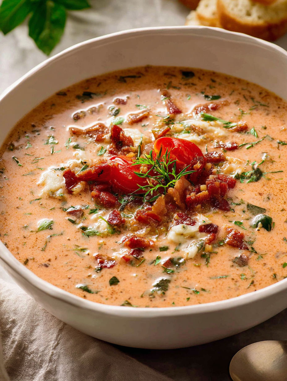 A bowl of soup with bacon, lettuce, and tomato.