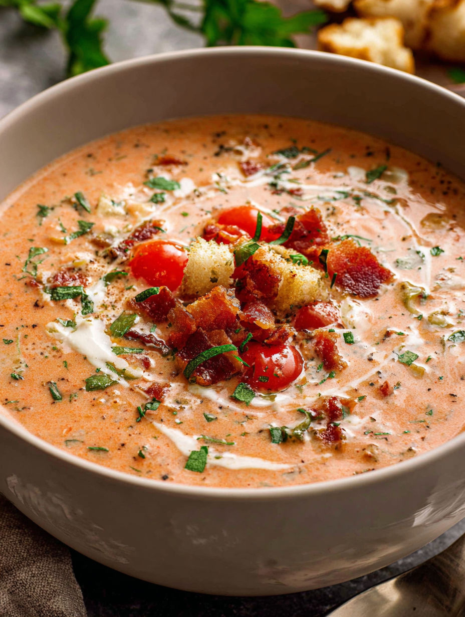 A bowl of soup with bacon, lettuce, and tomato.