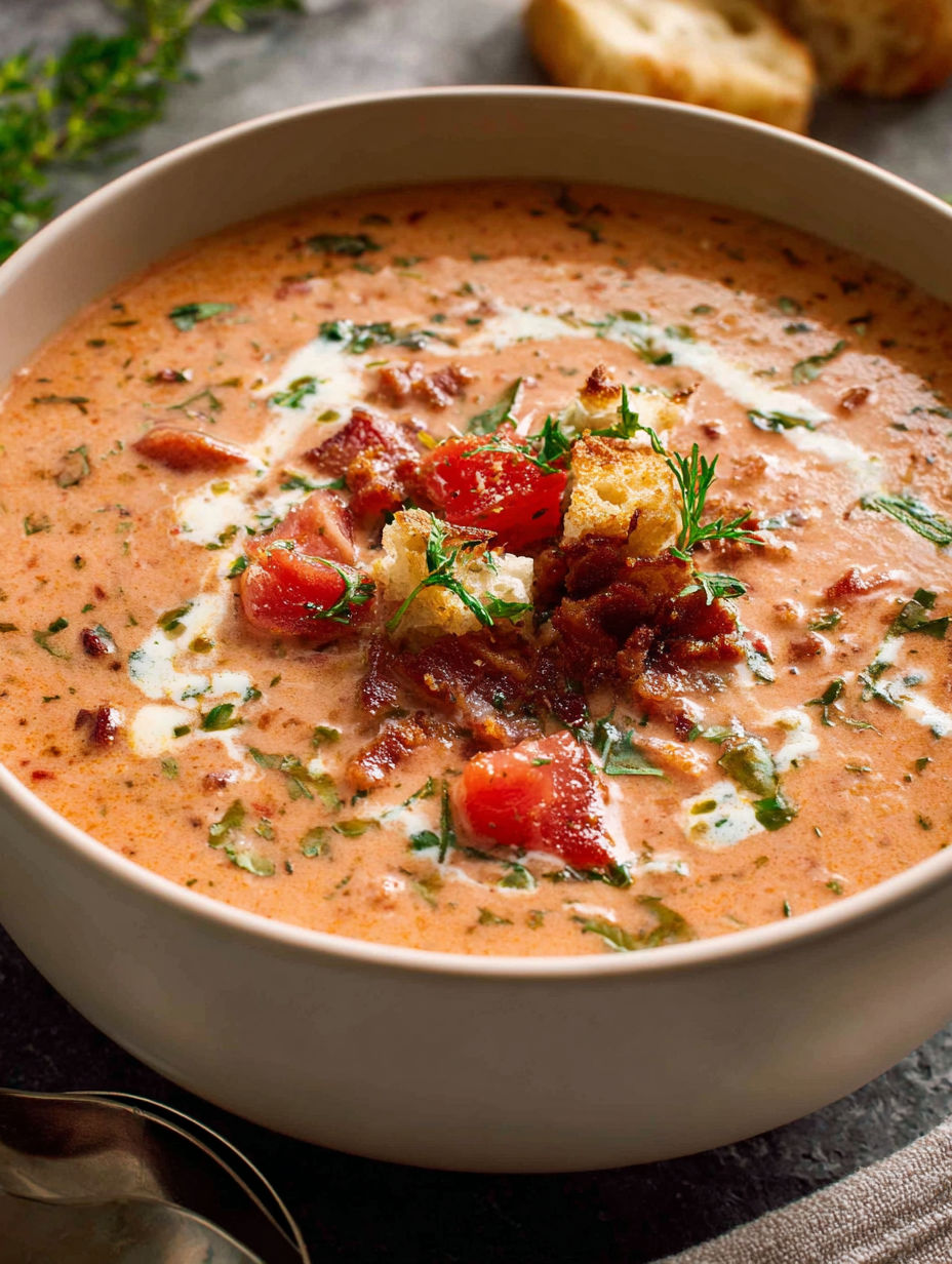 A bowl of soup with bacon, lettuce and tomato.
