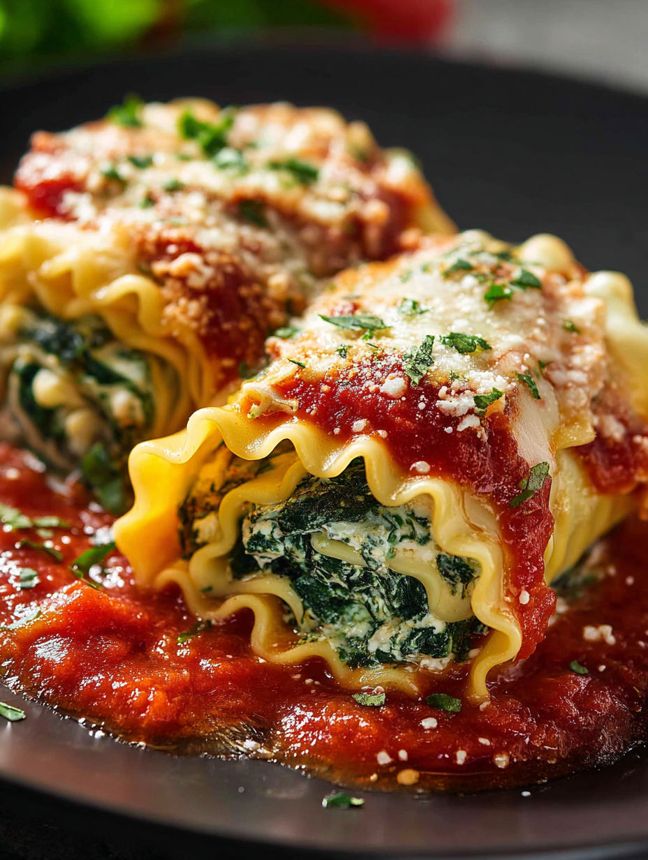 Spinach lasagna roll-ups on a plate.