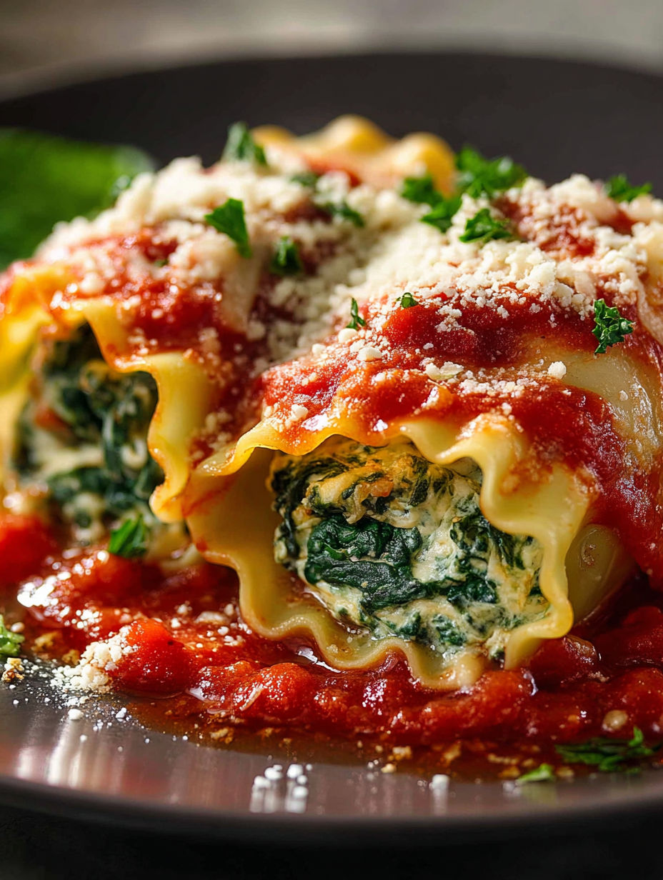 A plate of spinach lasagna roll-ups.