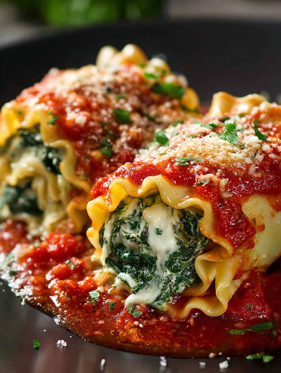 Spinach lasagna roll-ups with cheese.