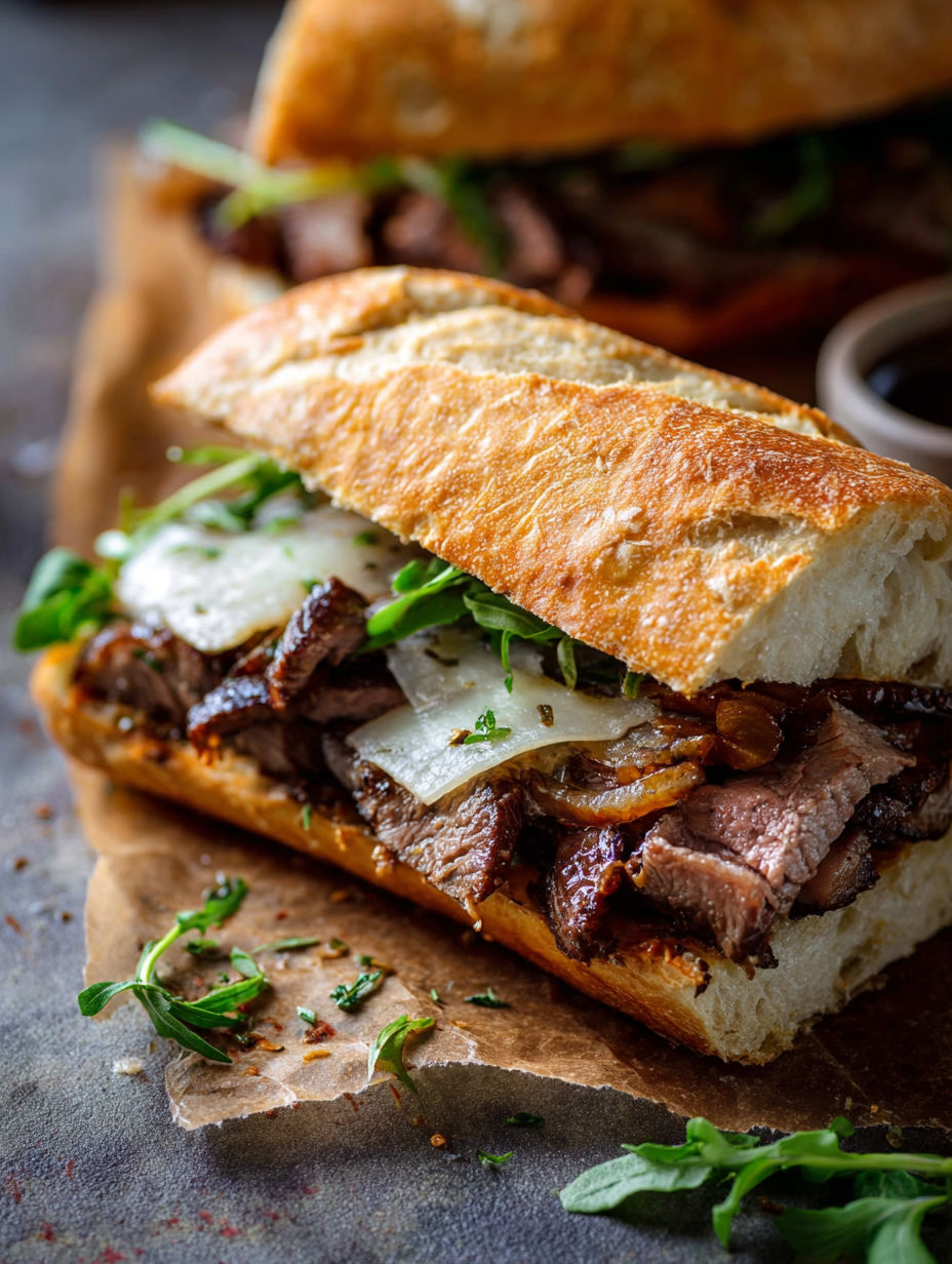 A close up of a steak sandwich.