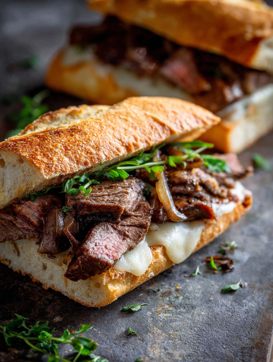A close up of a steak sandwich with onions and greens.