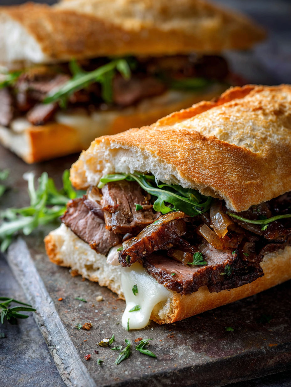 A close up of a steak sandwich with cheese and greens.