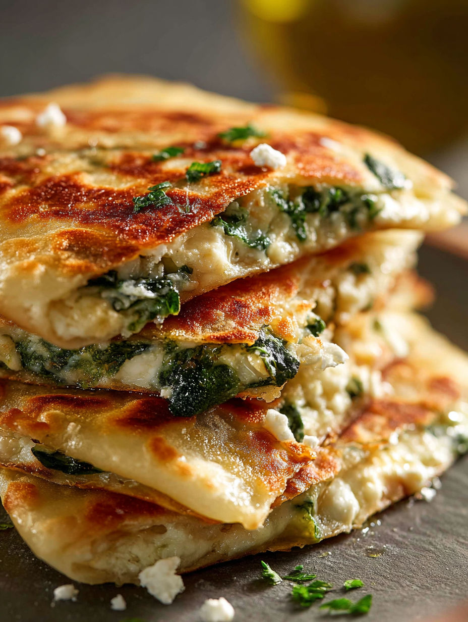 A stack of gozleme with cheese and spinach.
