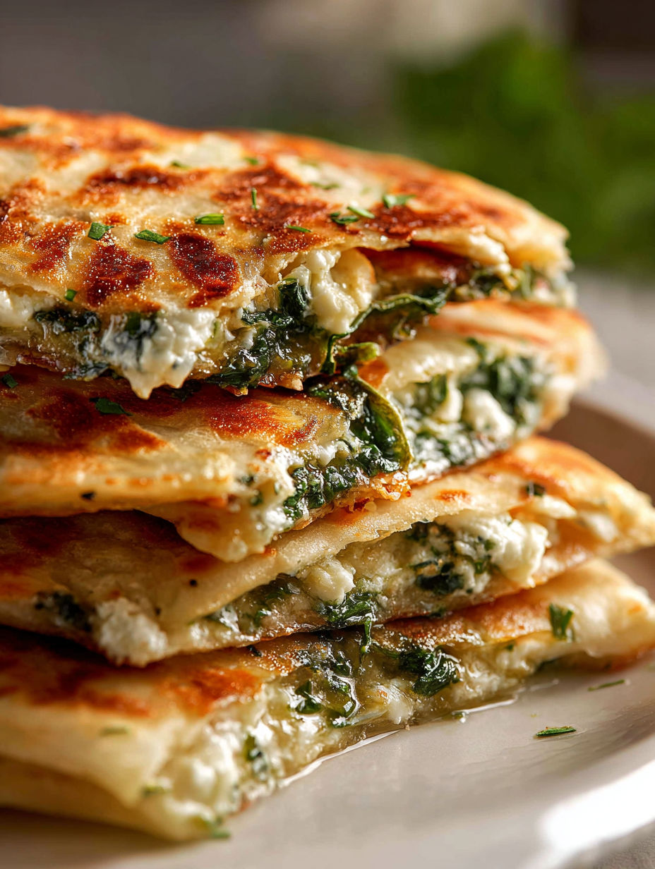 A stack of gozleme with green toppings.