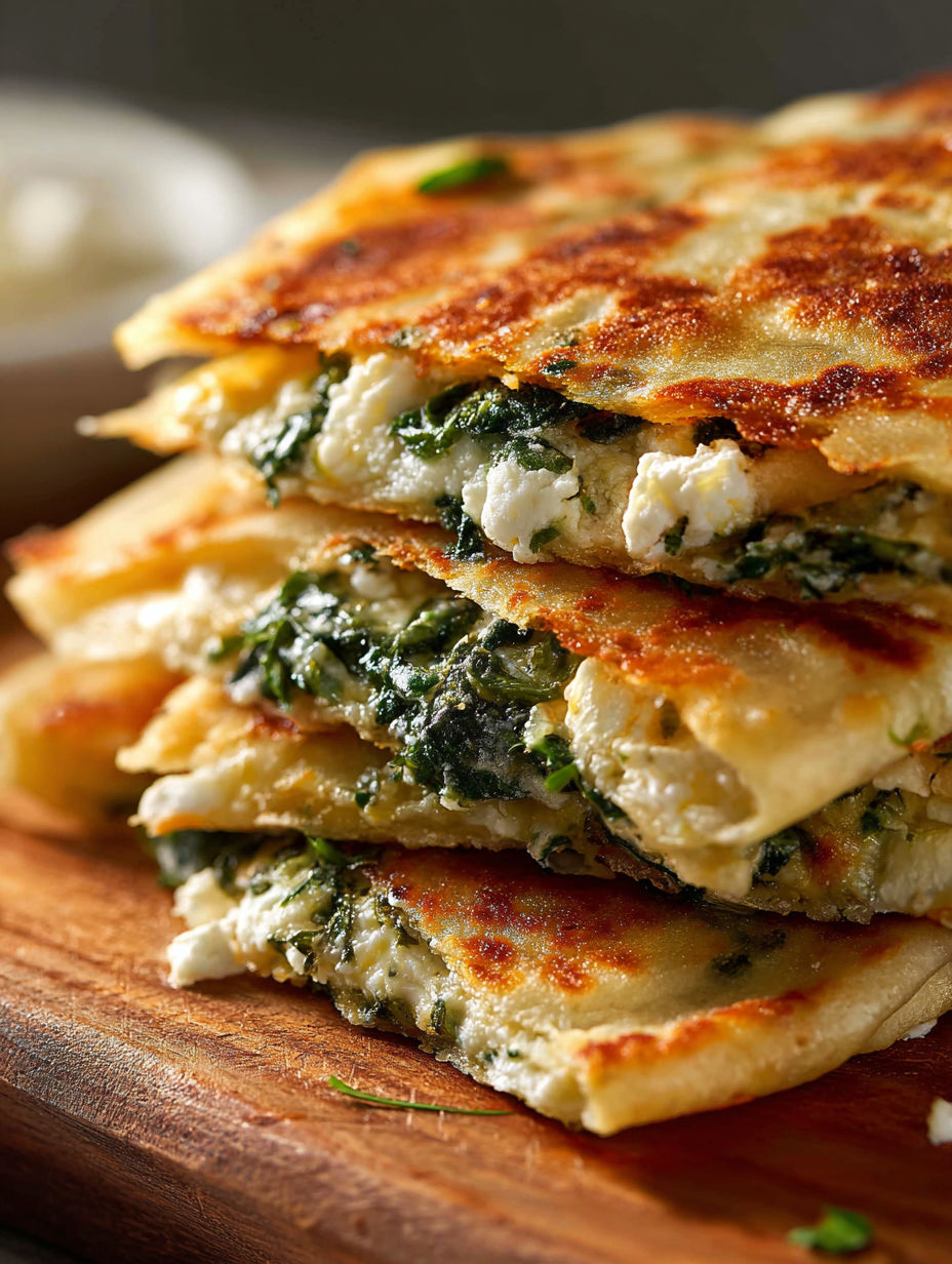 A stack of gozleme pizza with spinach and cheese.