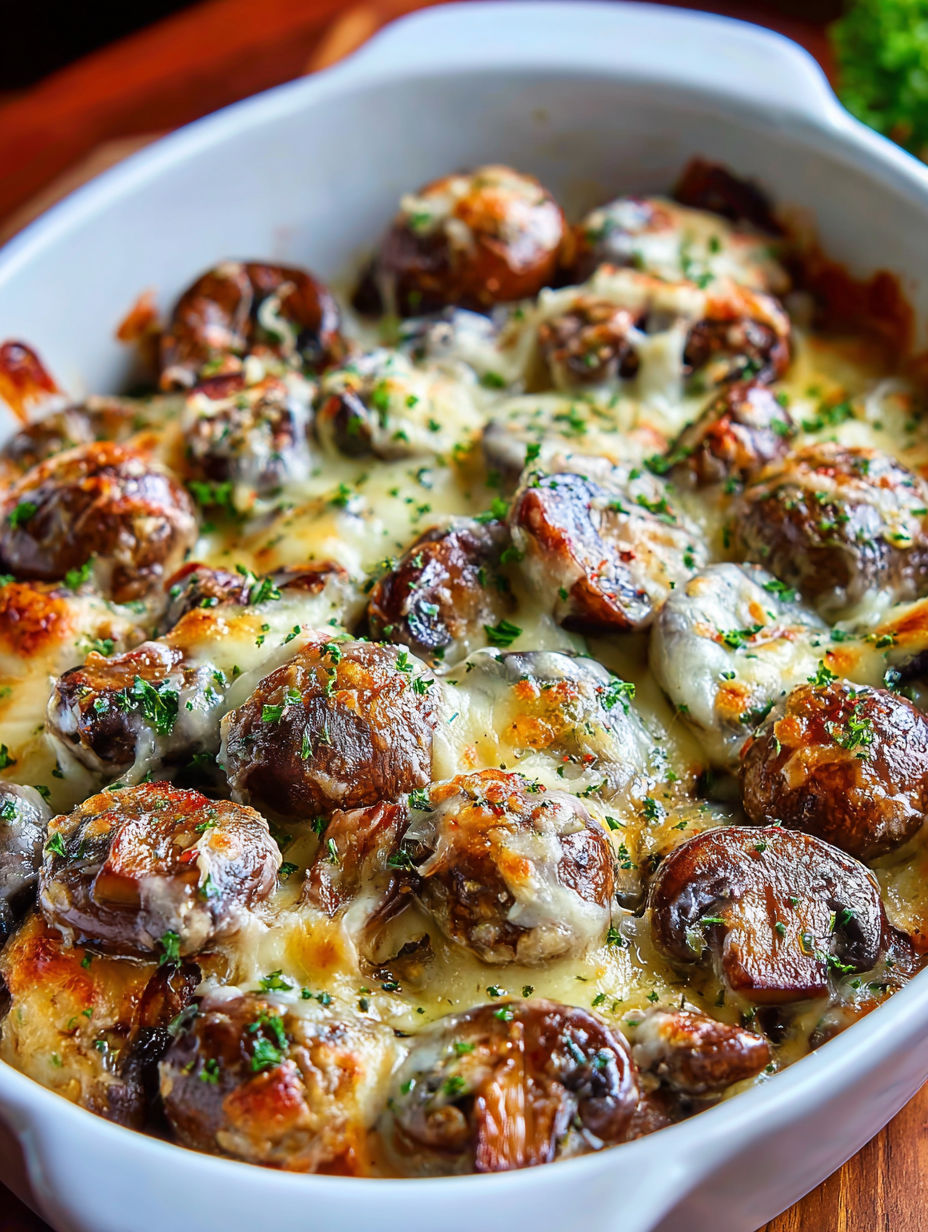 A cheesy mushroom casserole in a white bowl.