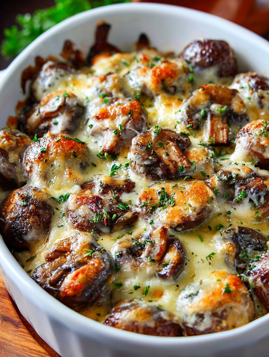 A cheesy mushroom casserole in a white bowl.