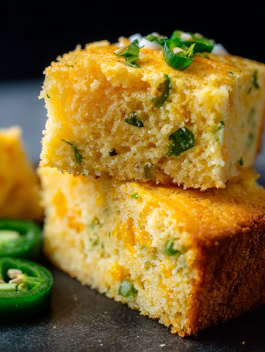 A slice of cornbread with jalapenos on top.